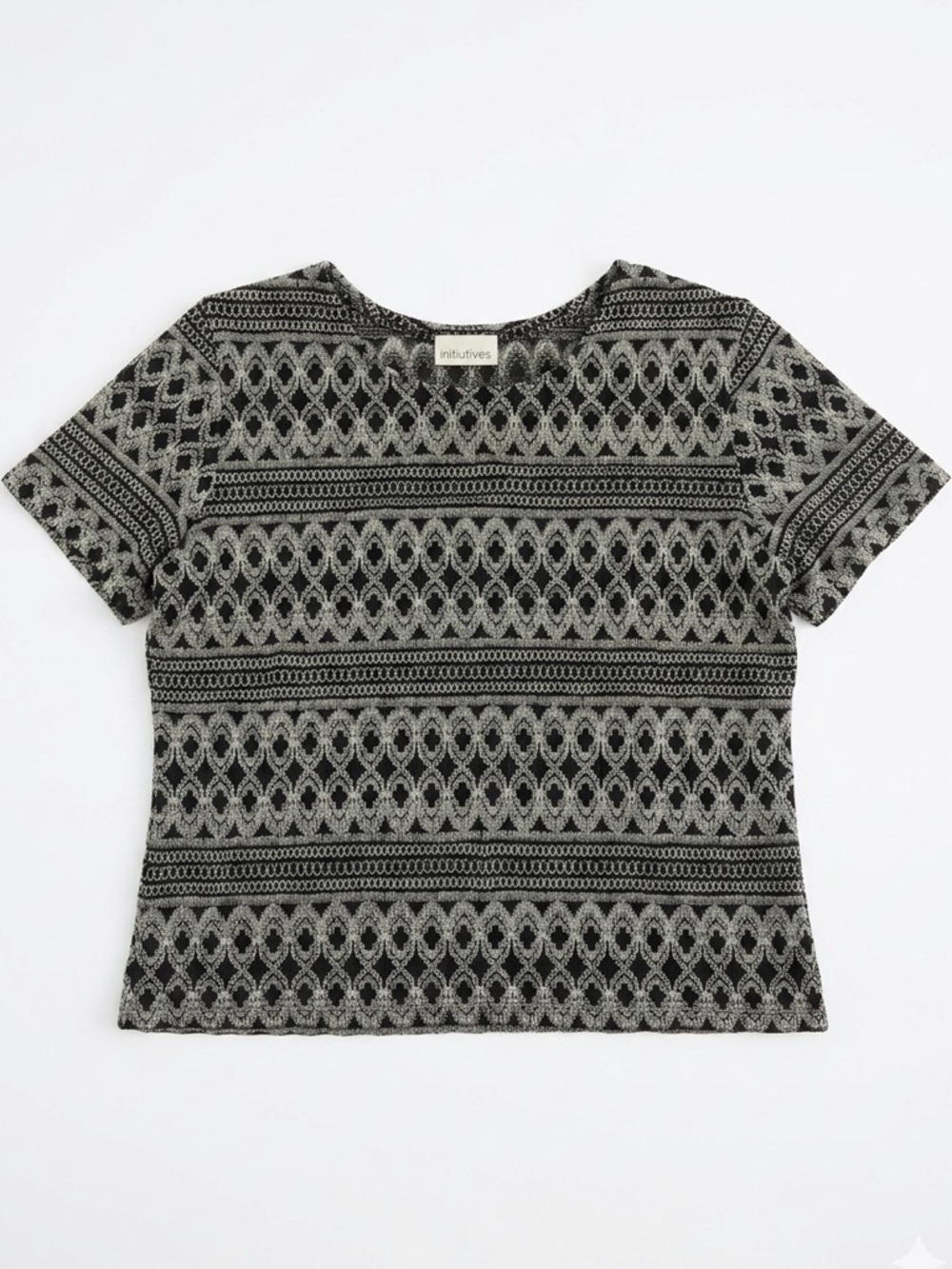 Initiatives Metallic Silver & Black Geometric Knit Top Size L - Made in Canada